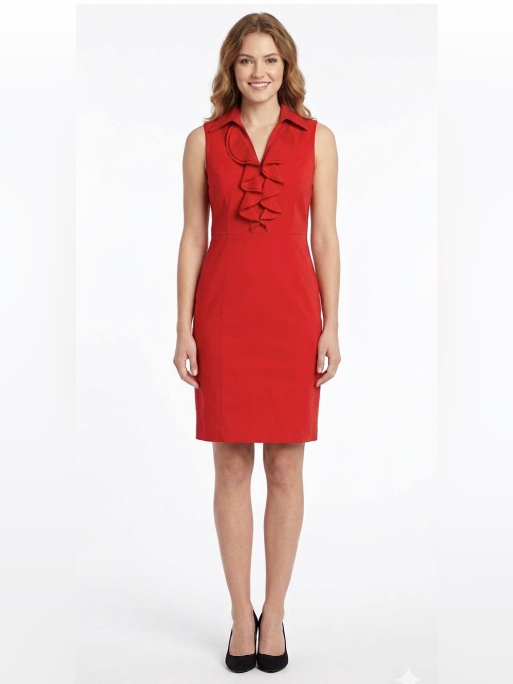 🔸Sandra Darren Sleeveless Red Ruffle Sheath Dress Size 6